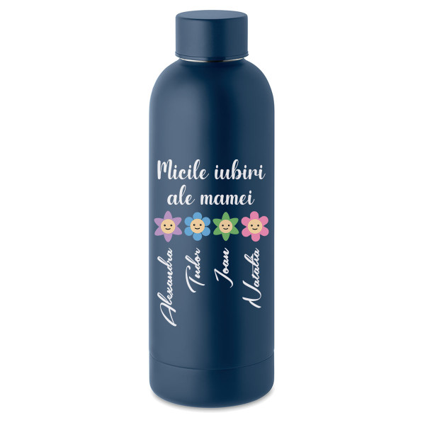 Sticlă termică din metal "Micile iubiri ale mamei" cu numele alese de tine (500ml)