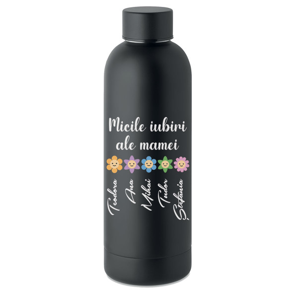Sticlă termică din metal "Micile iubiri ale mamei" cu numele alese de tine (500ml)