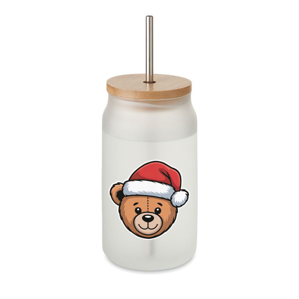Borcan de sticlă cu pai metalic "Teddy bear", 400ml