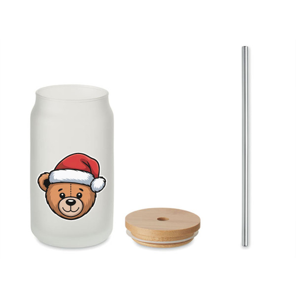 Borcan de sticlă cu pai metalic "Teddy bear", 400ml