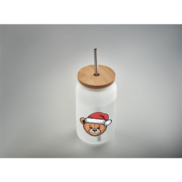 Borcan de sticlă cu pai metalic "Teddy bear", 400ml